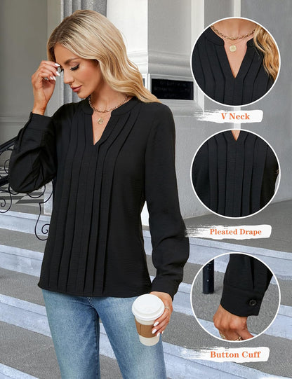 Women'S Dressy Casual Blouses Business Work Tops Long Sleeve V Neck Pleated Shirts 2025 Fall Outfits